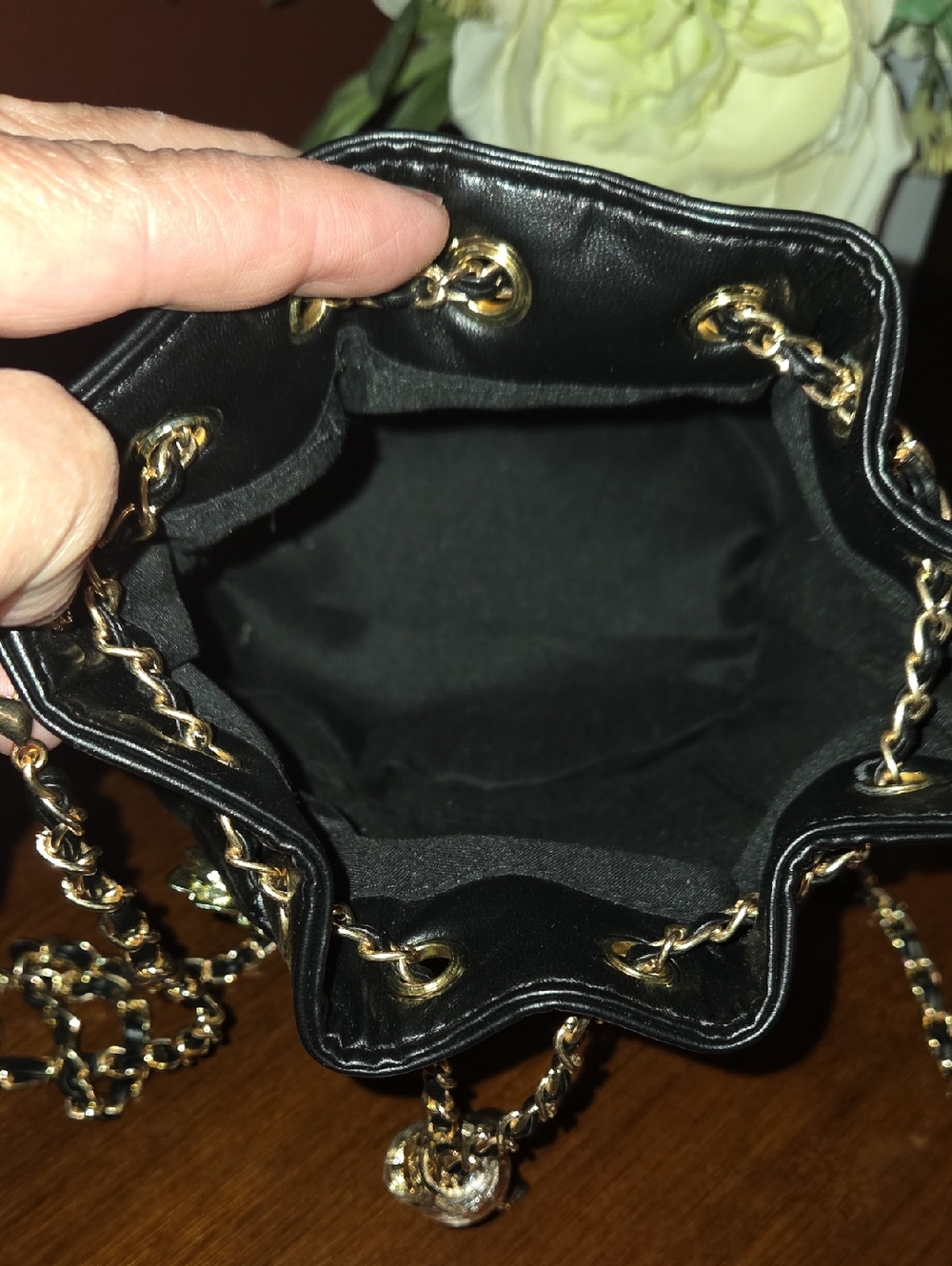 Black Quilted Bucket Bag with Floral Pins - Picture 9 of 14